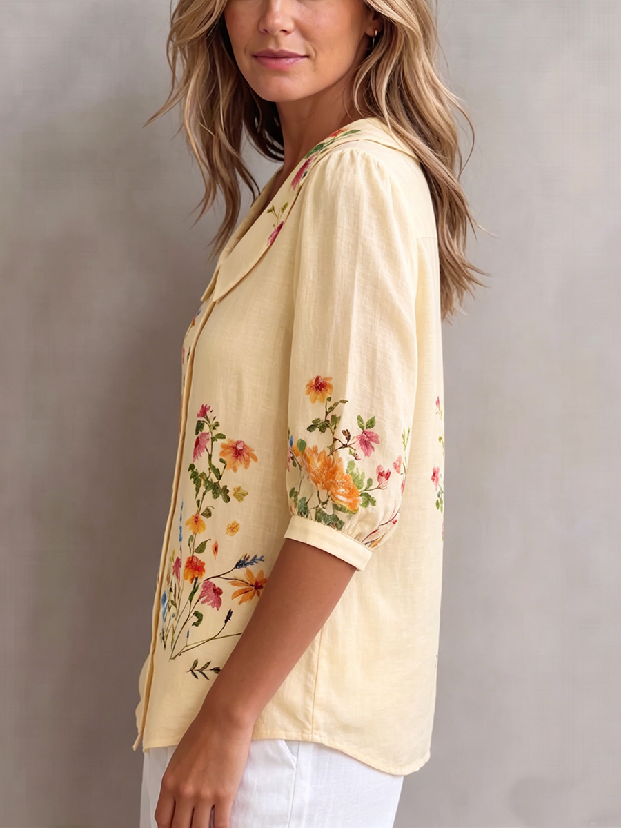 Mavessia - Chemise femme coton et lin imprimé floral artistique vintage