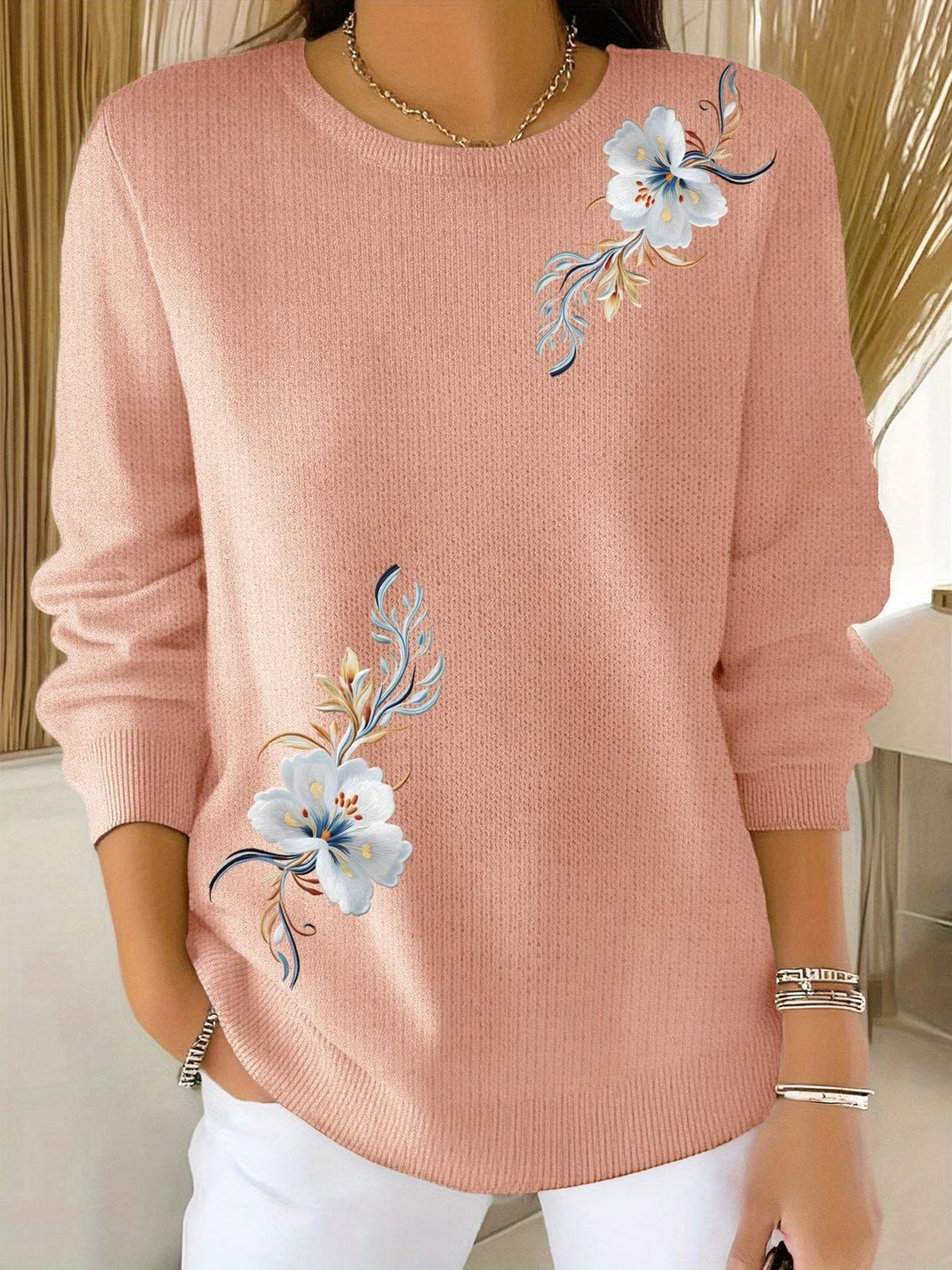 Yenthe - Pull femme à fleurs imprimées et col rond