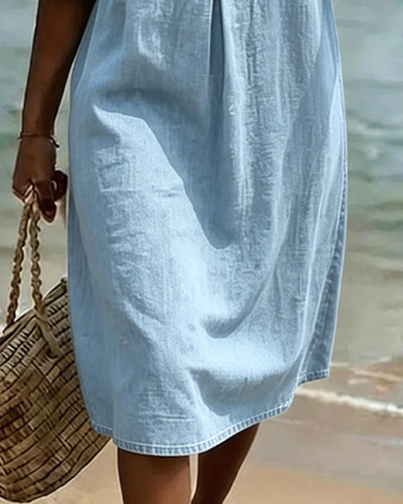 Fynorae - Robe femme jean manches volants coupe fluide été plage