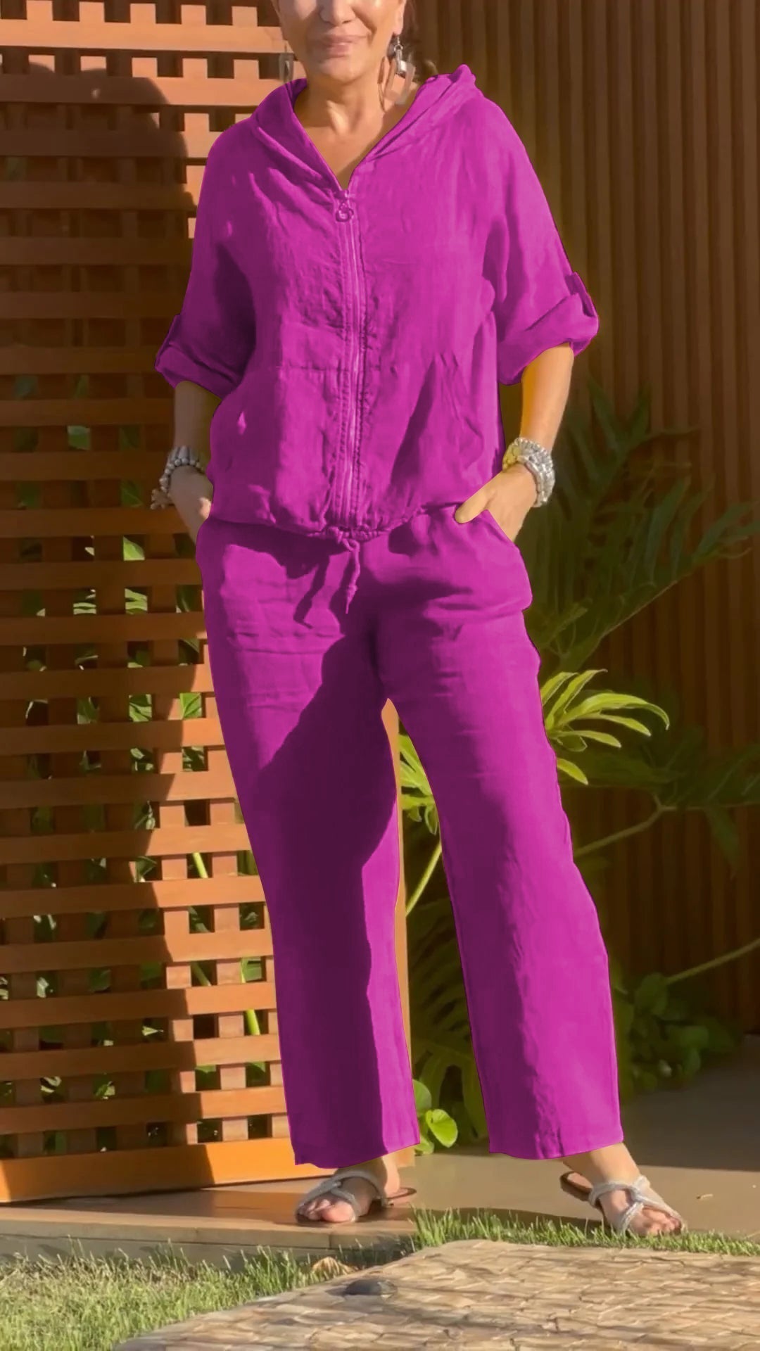 Elyraxa - Ensemble femme capuche zip coton lin coupe ample été