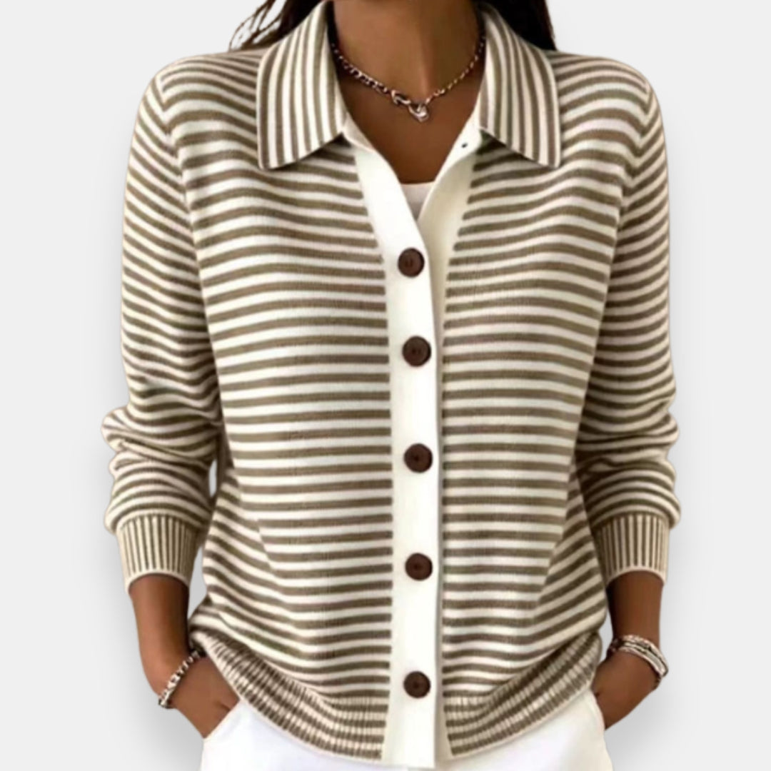 Lauriane - Cardigan femme rayé boutonné avec col classique