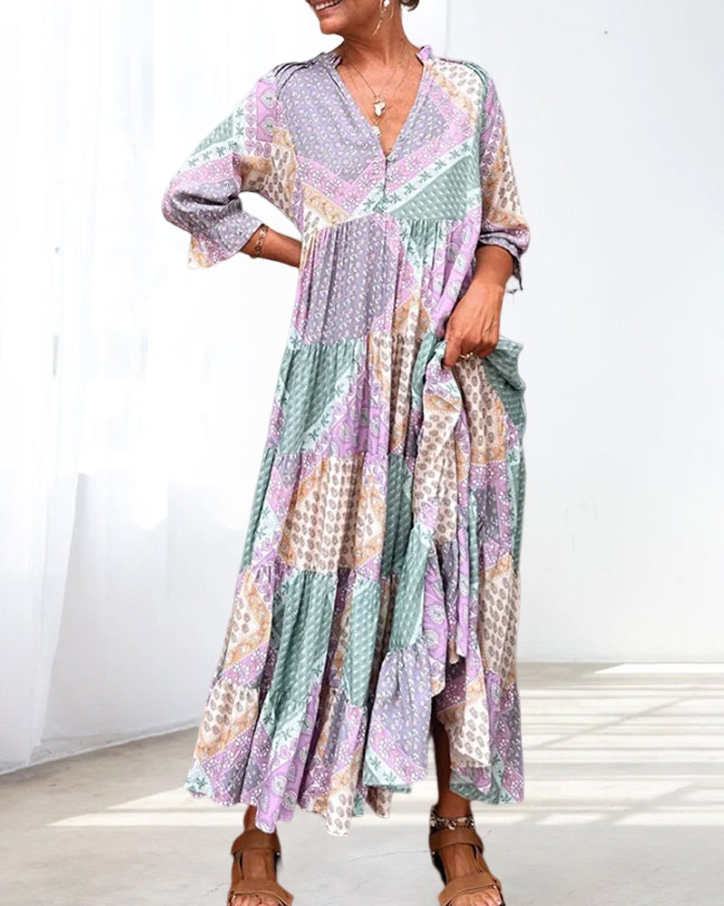 Quinna - Robe maxi colorée à imprimé color block et manches 3/4