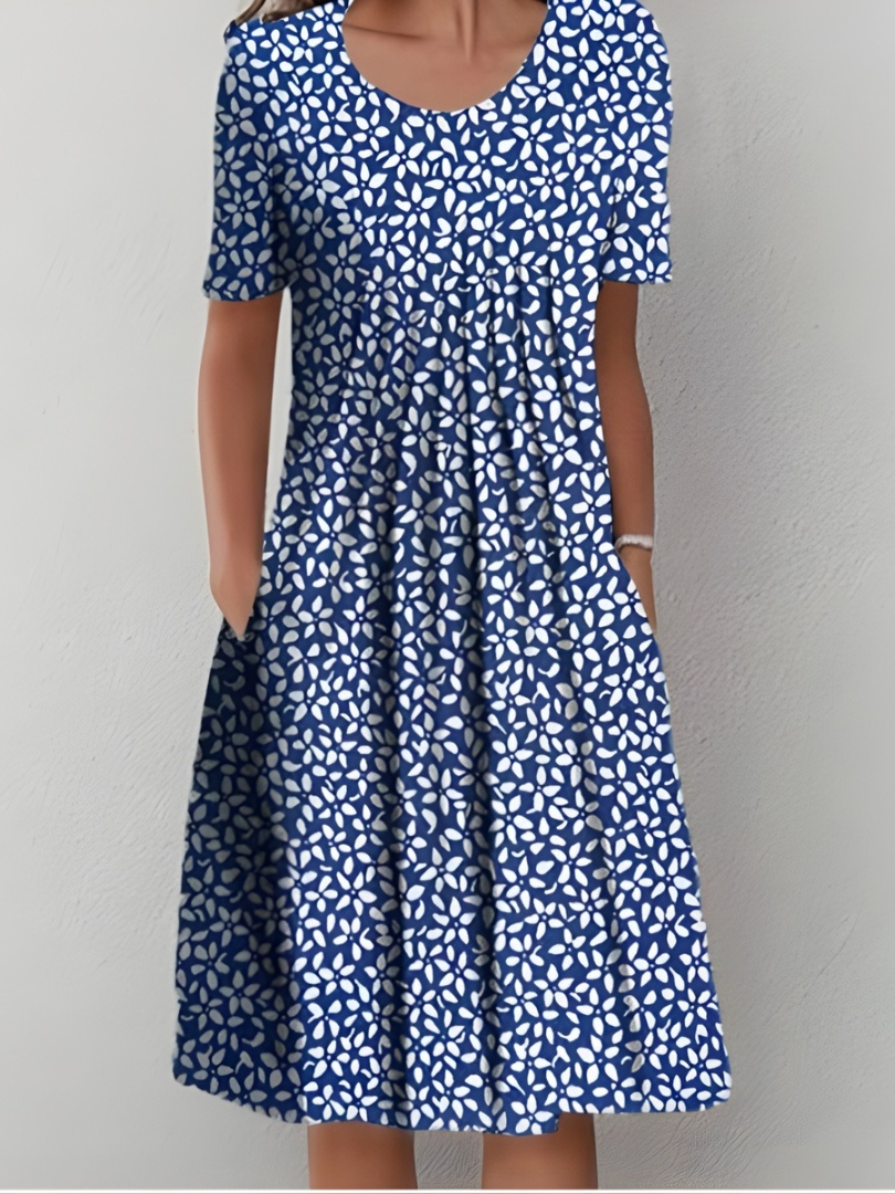Aurexia - Robe Femme Florale Plissée Manches Courtes Coupe Fluide Élégante