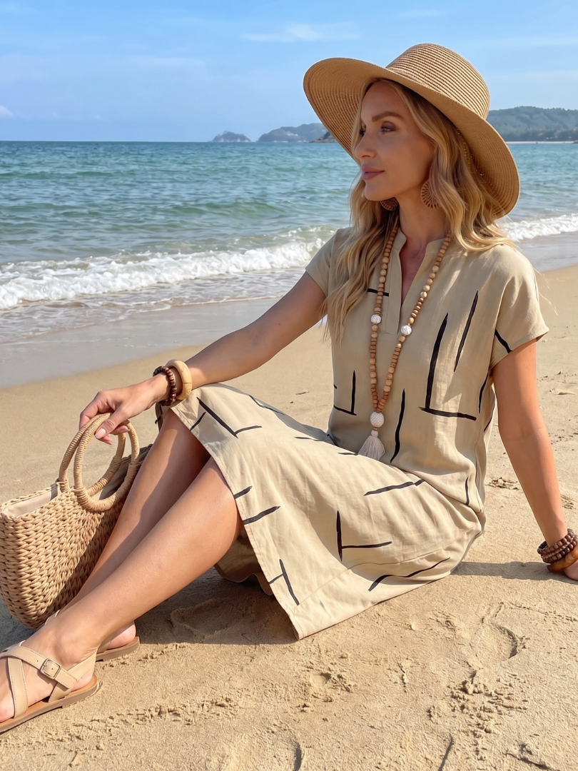 Olivrixa - Robe femme mi-longue à imprimé abstrait en coton lin coupe décontractée