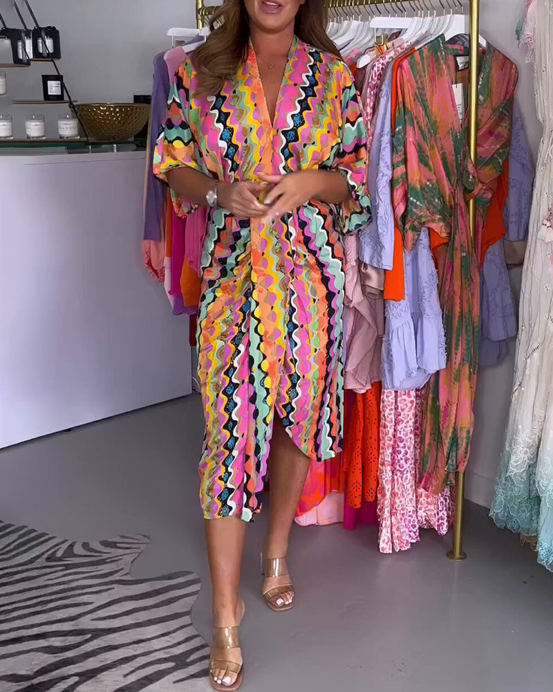 Rosaria - Robe Midi à Col V Multicolore pour Femmes