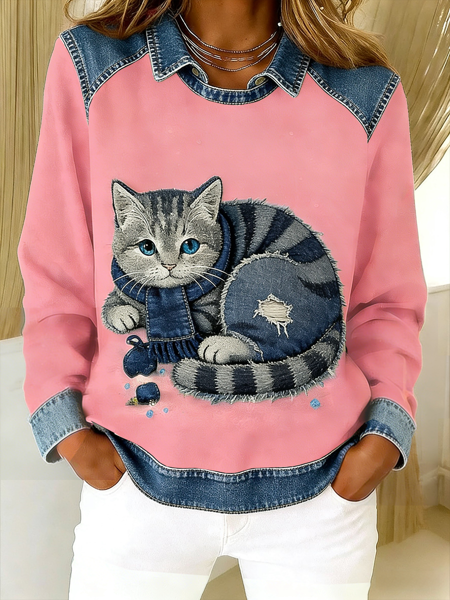 Oravellissa - Sweat-shirt en Denim Patchwork Rétro