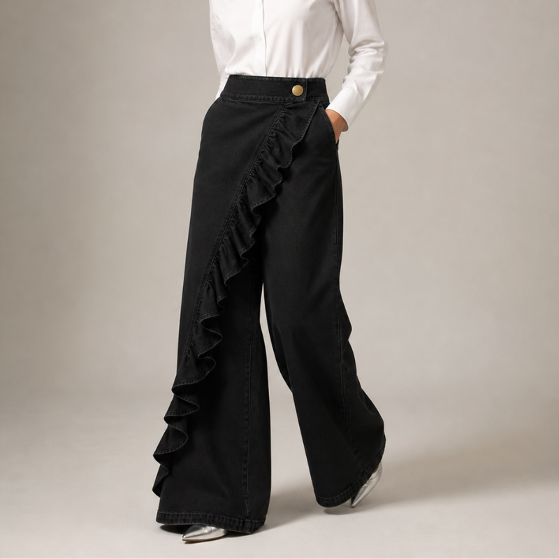 Izzavelle - Pantalon femme large en denim à volants style jupe-pantalon élégant