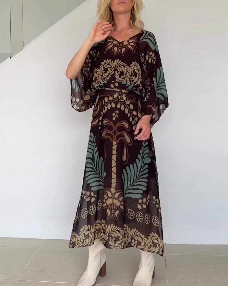 Praxellea - Robe bohème femme maxi ample col V imprimé feuilles élégant