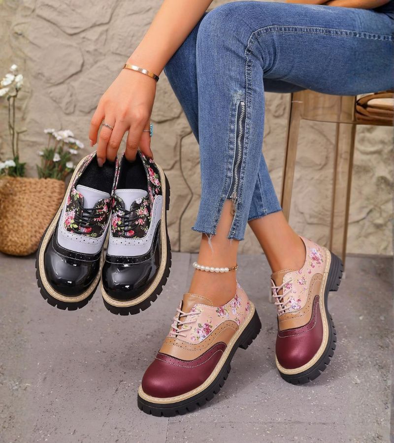 Maan - Chaussures Oxford Femme à Lacets avec Motif Floral et Semelle Épaisse