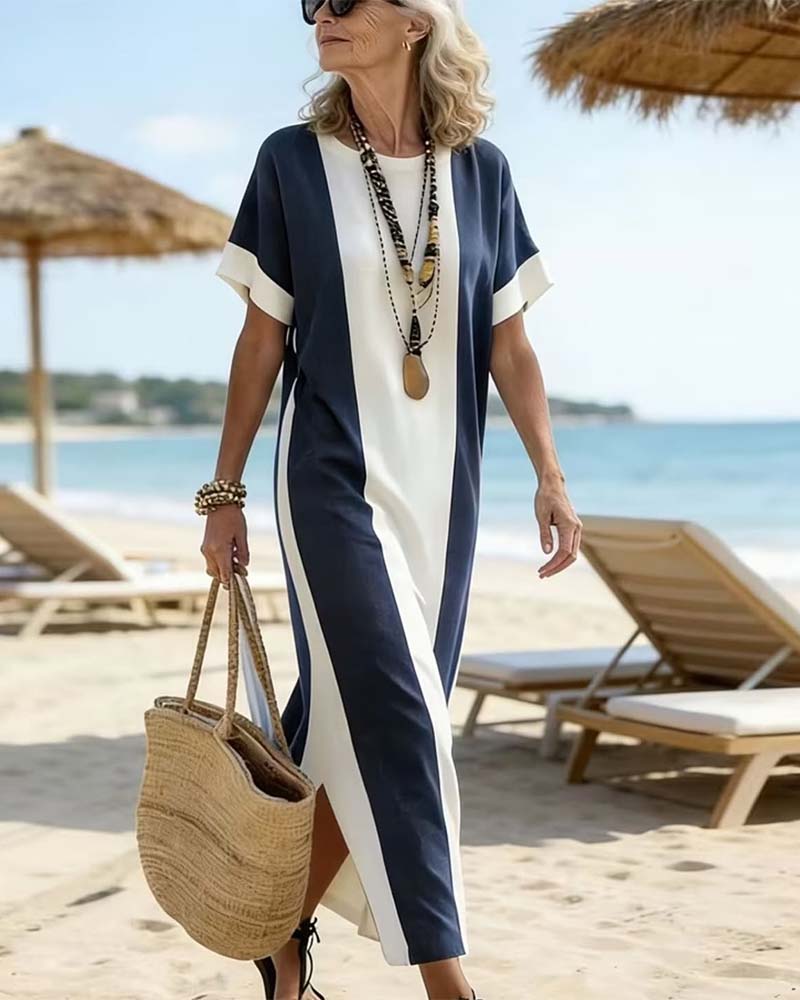 Apolline - Robe midi femme à rayures verticales et fente latérale