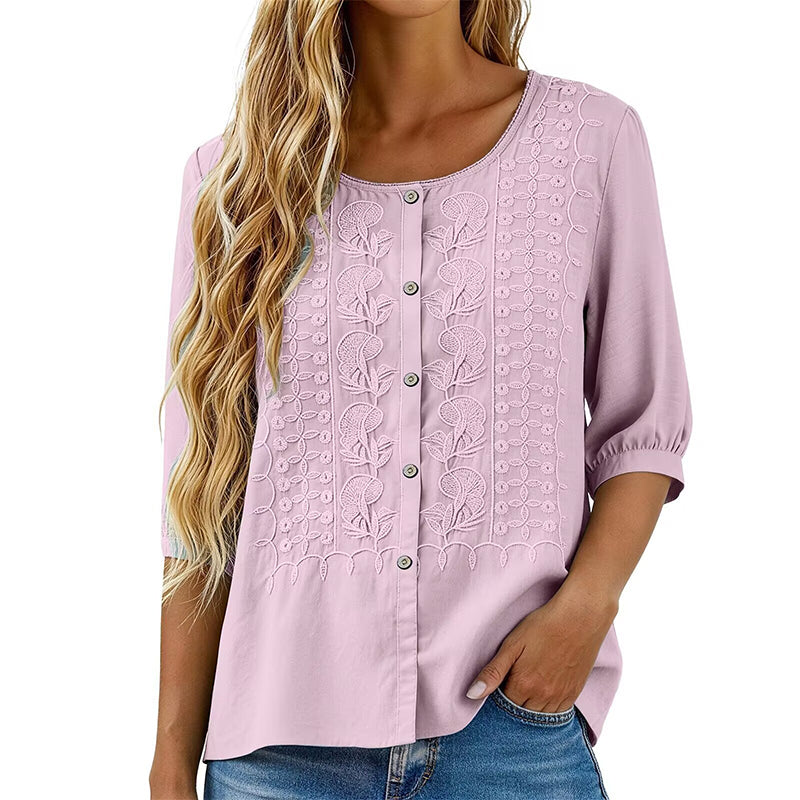 Sorivelle - Blouse brodée femme en coton et lin à manches 3/4