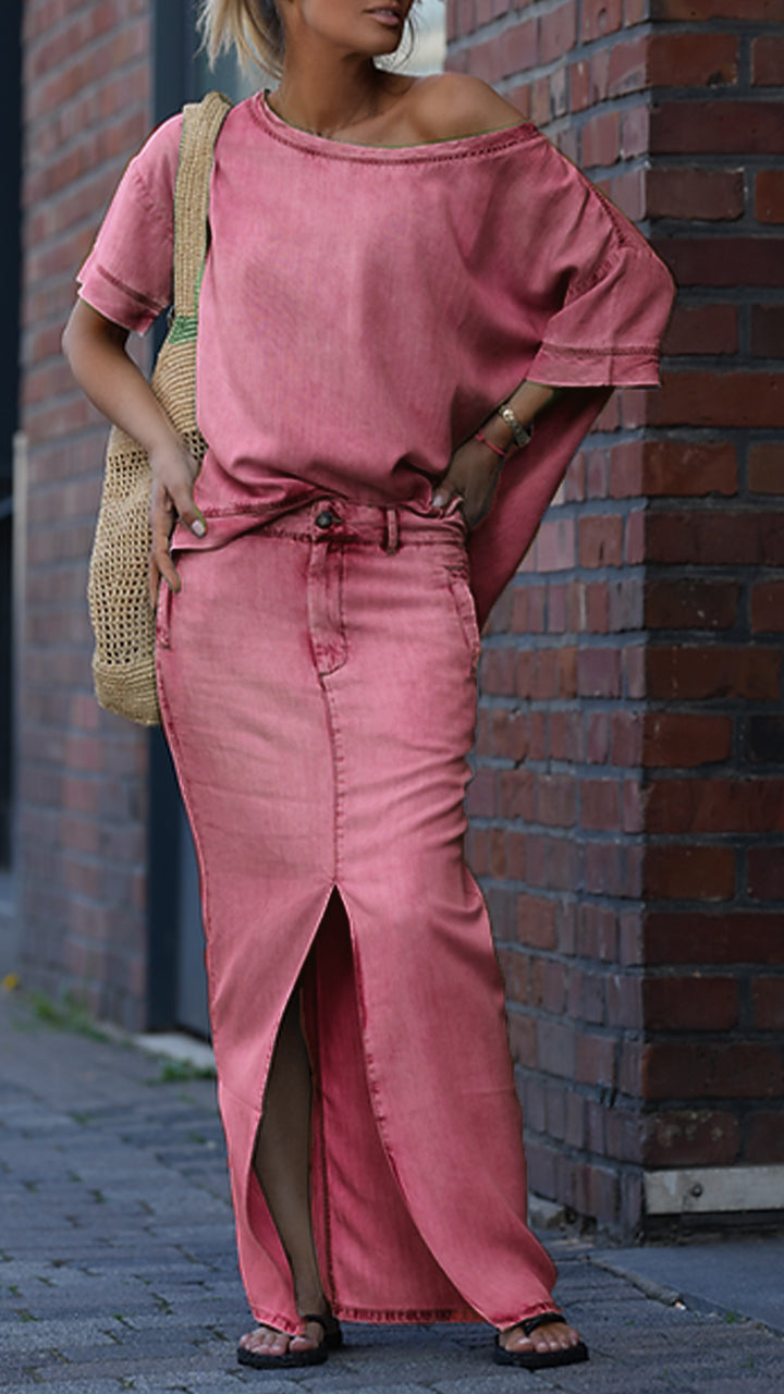 Mireya - Ensemble Décontracté Femme en Denim Tencel avec Décolleté Rond