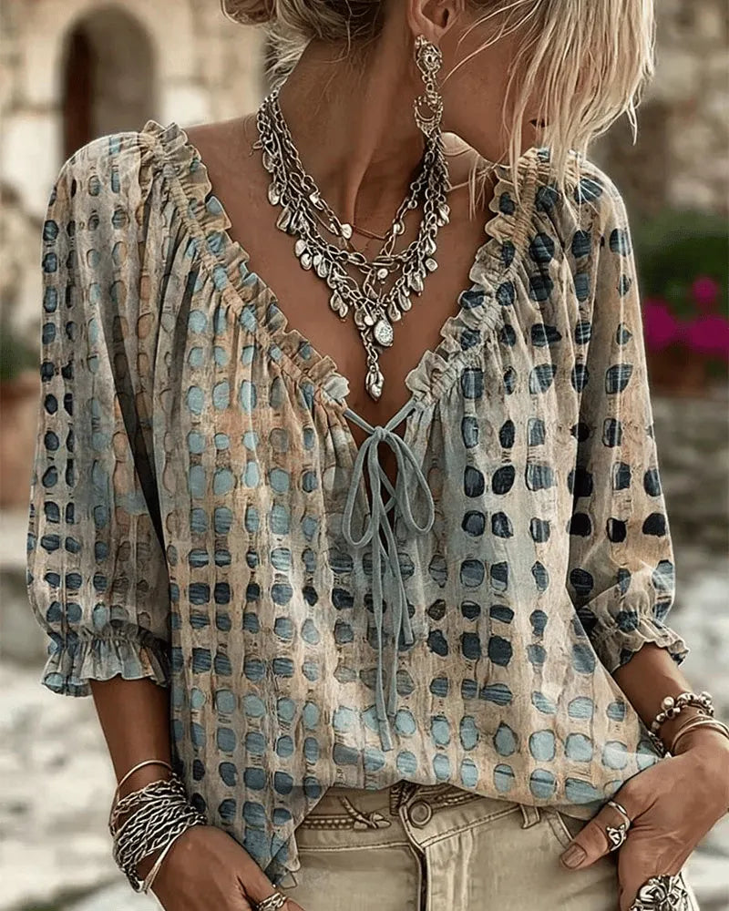Mireva - Blouse femme à pois avec col V et lien ajustable