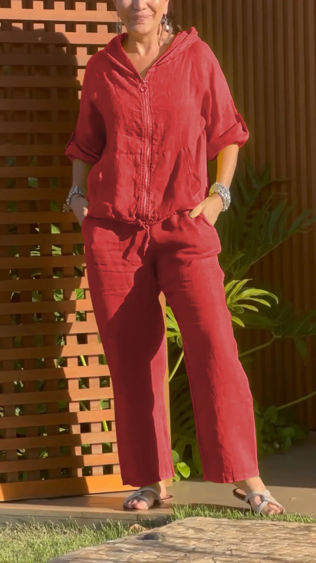 Elyraxa - Ensemble femme capuche zip coton lin coupe ample été