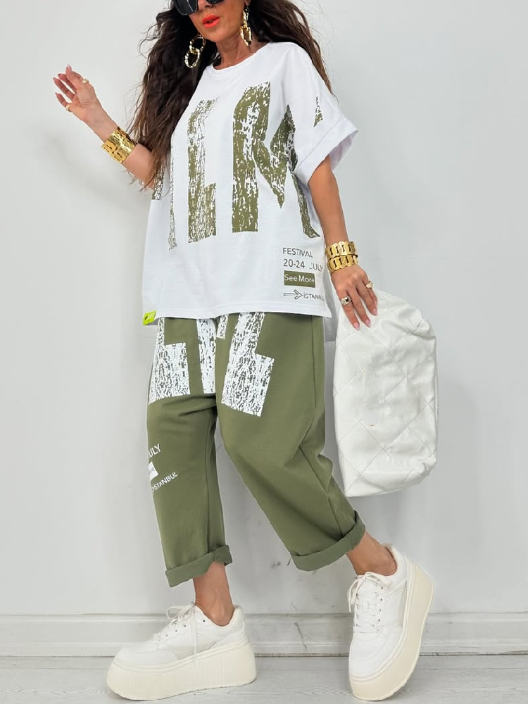 Kirelle - Ensemble décontracté femme top imprimé col rond et pantalon