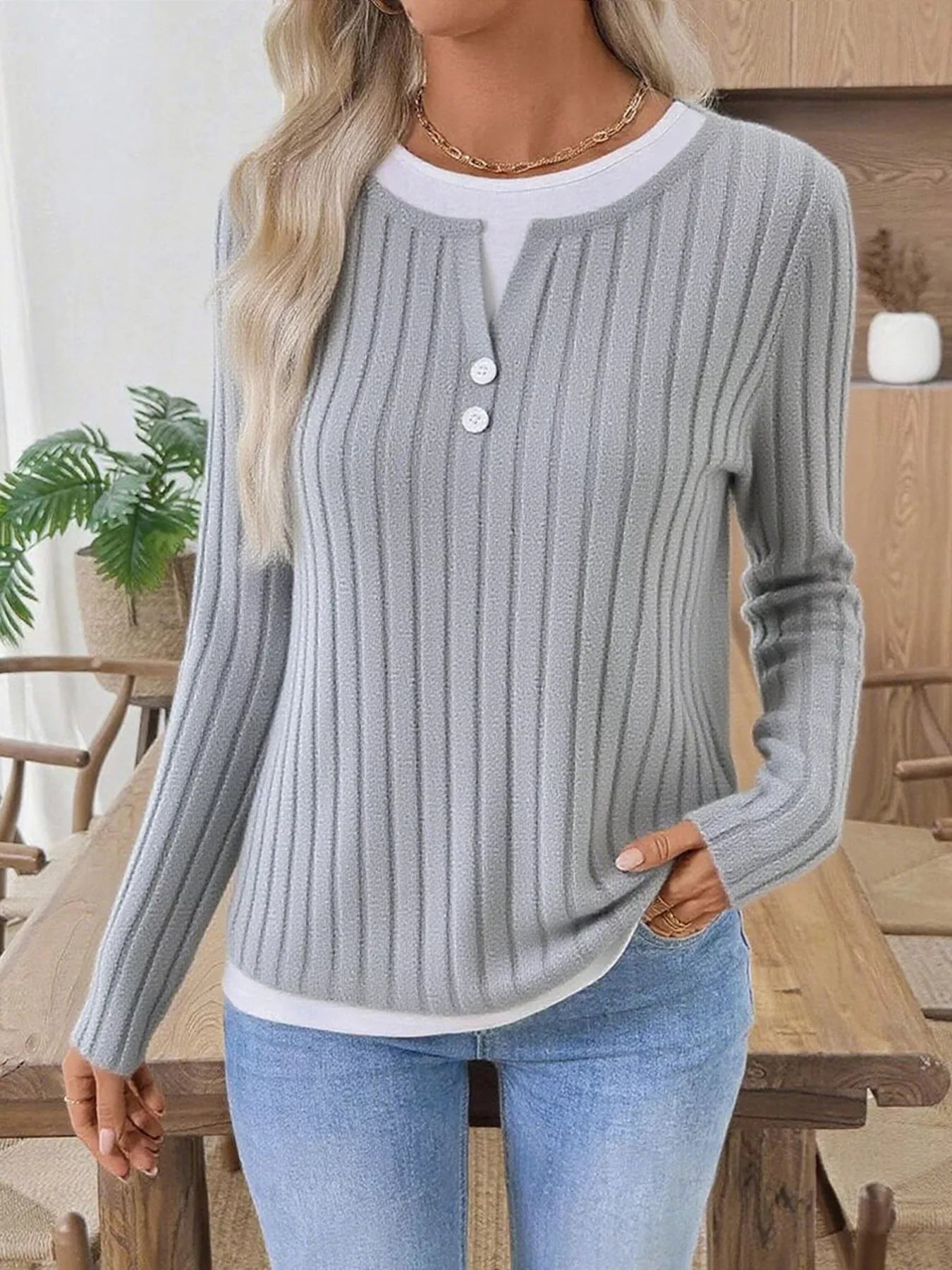 Kalivianne - T-shirt d’Hiver Côtelé à Manches Longues
