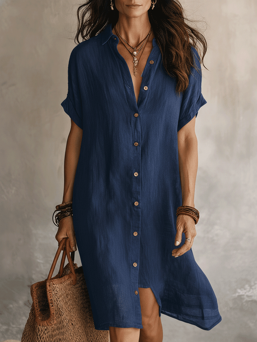 Quenovia - Robe chemise femme midi lin coton boutonnée manches courtes