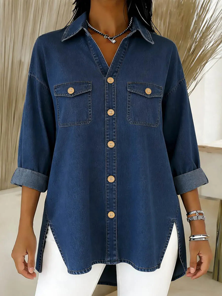 Cléa - Women's loose-fit long denim shirt with chest pockets
