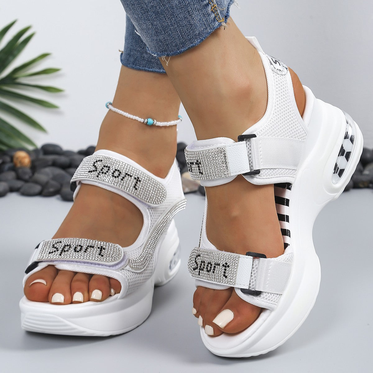 Calyvra - Sandales femme plateforme strass velcro semelle air sport