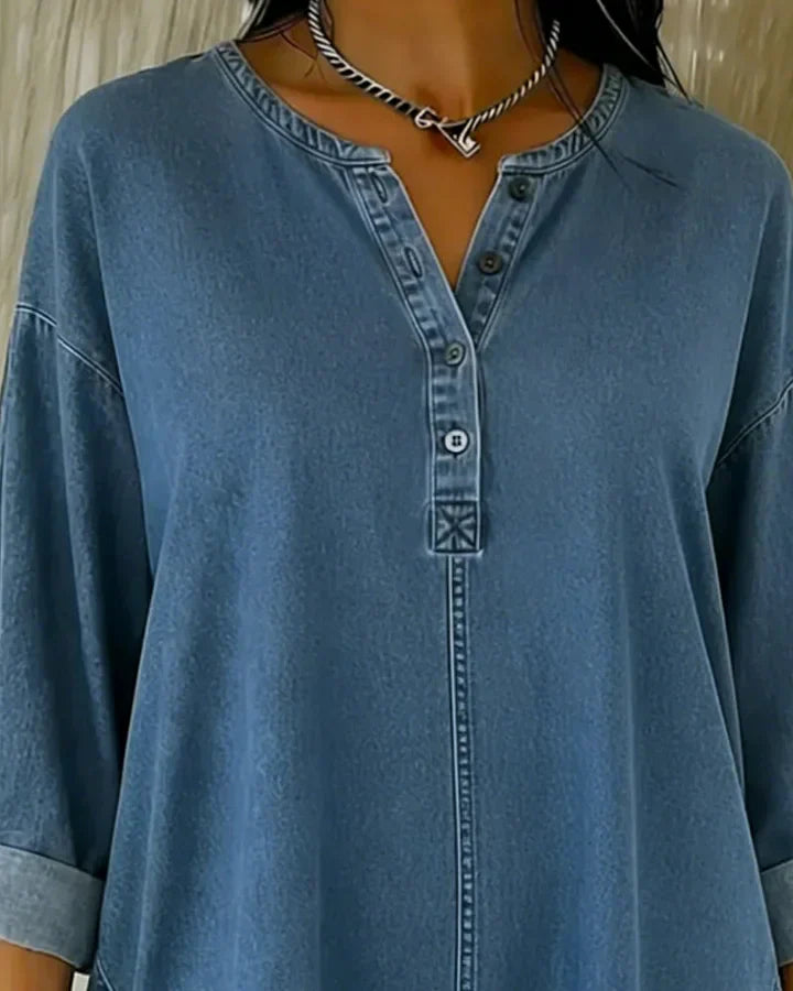 Heliravessa - Boutonné Haut en Denim Décontractée Col V