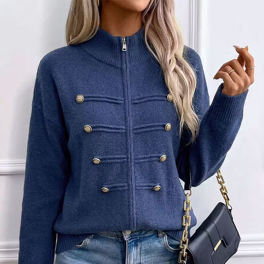 Teuntje - Women's knit cardigan with high neck, zip, and decorative buttons