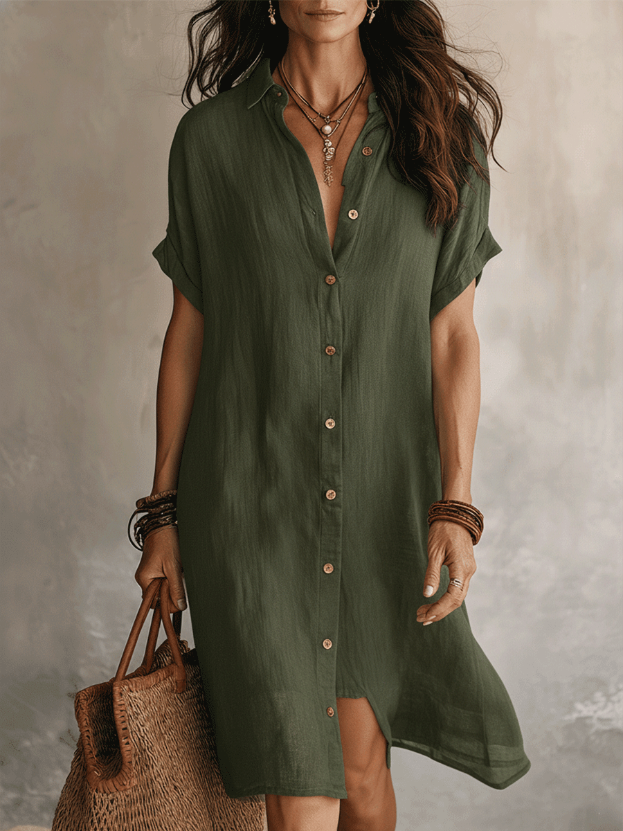 Quenovia - Robe chemise femme midi lin coton boutonnée manches courtes