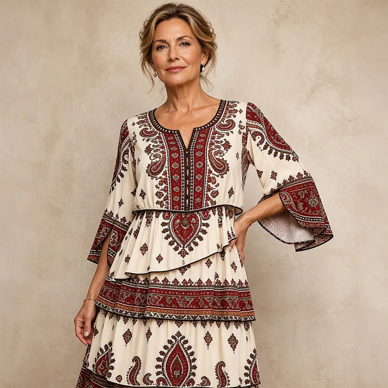 Ramona - Robe femme bohème à volants avec imprimé ethnique