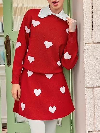 Helissora - Ensemble Jupe Et Pull Femme À Motifs Cœurs