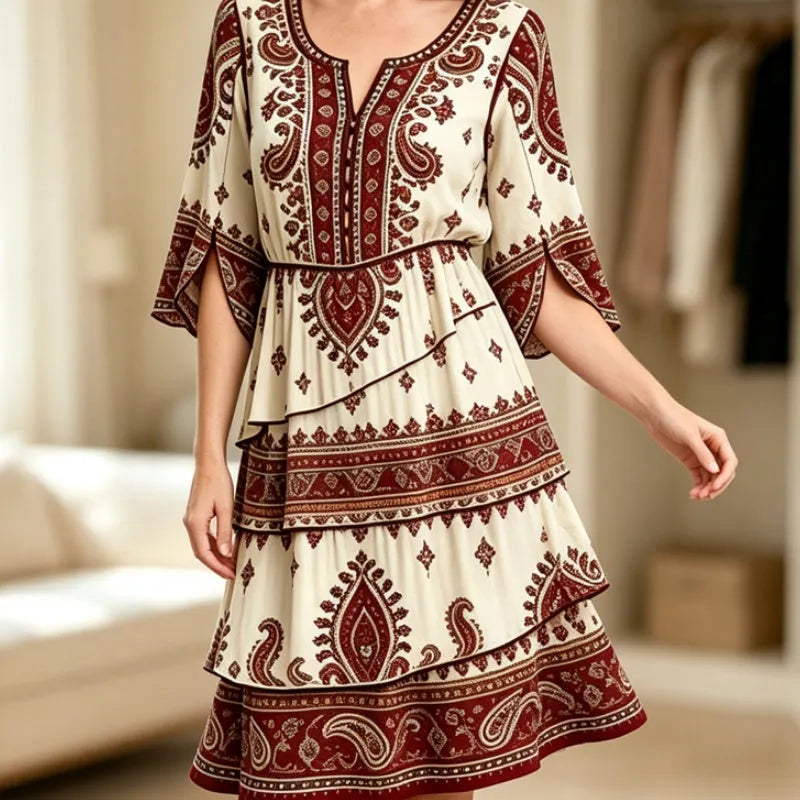 Ramona - Robe femme bohème à volants avec imprimé ethnique