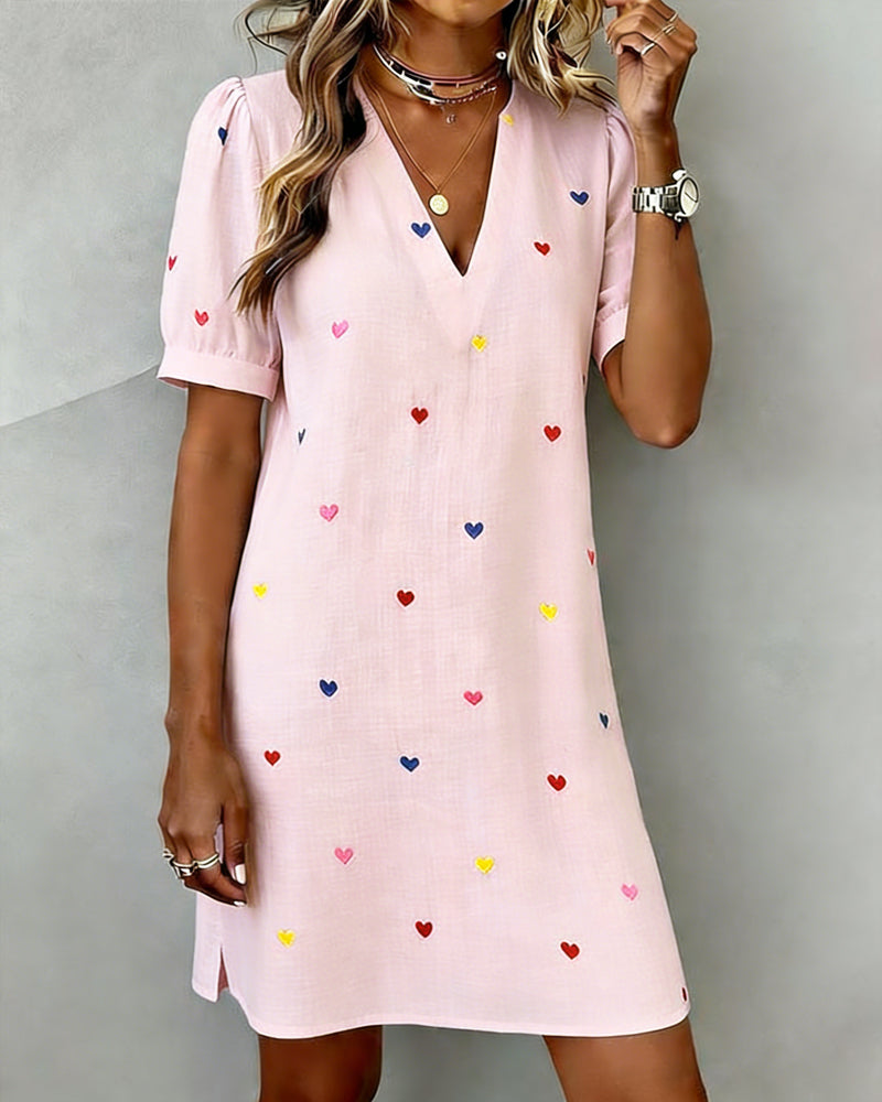 Tivoria - Robe femme courte col V imprimé cœurs coton lin manches courtes