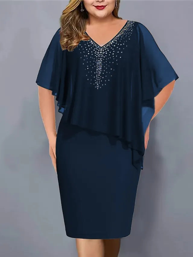 Lorenne - Robe cape femme avec strass et superposition en mousseline