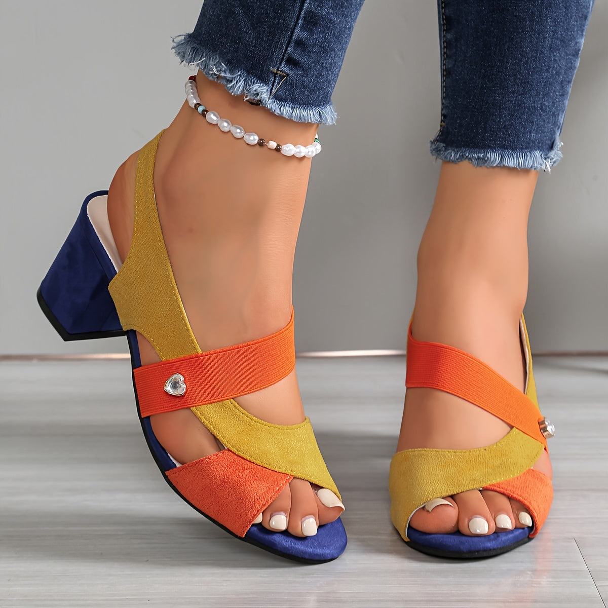 Elyvora - Sandales femme orthopédiques à talon bloc coloré et brides croisées