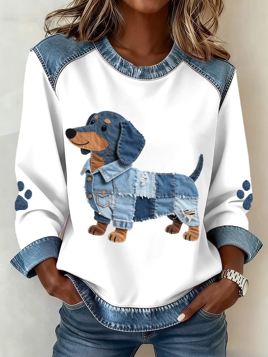 Karianesse - Sweat Patchwork en Jean avec Motif Teckel