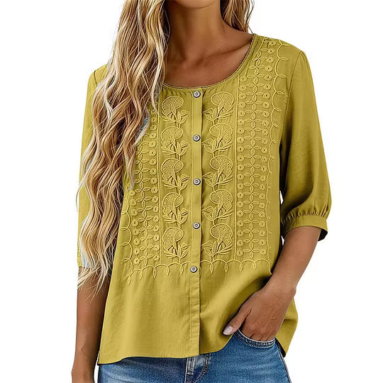 Sorivelle - Blouse brodée femme en coton et lin à manches 3/4
