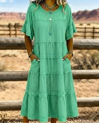 Rosalynne - Robe midi femme en coton et lin à volants