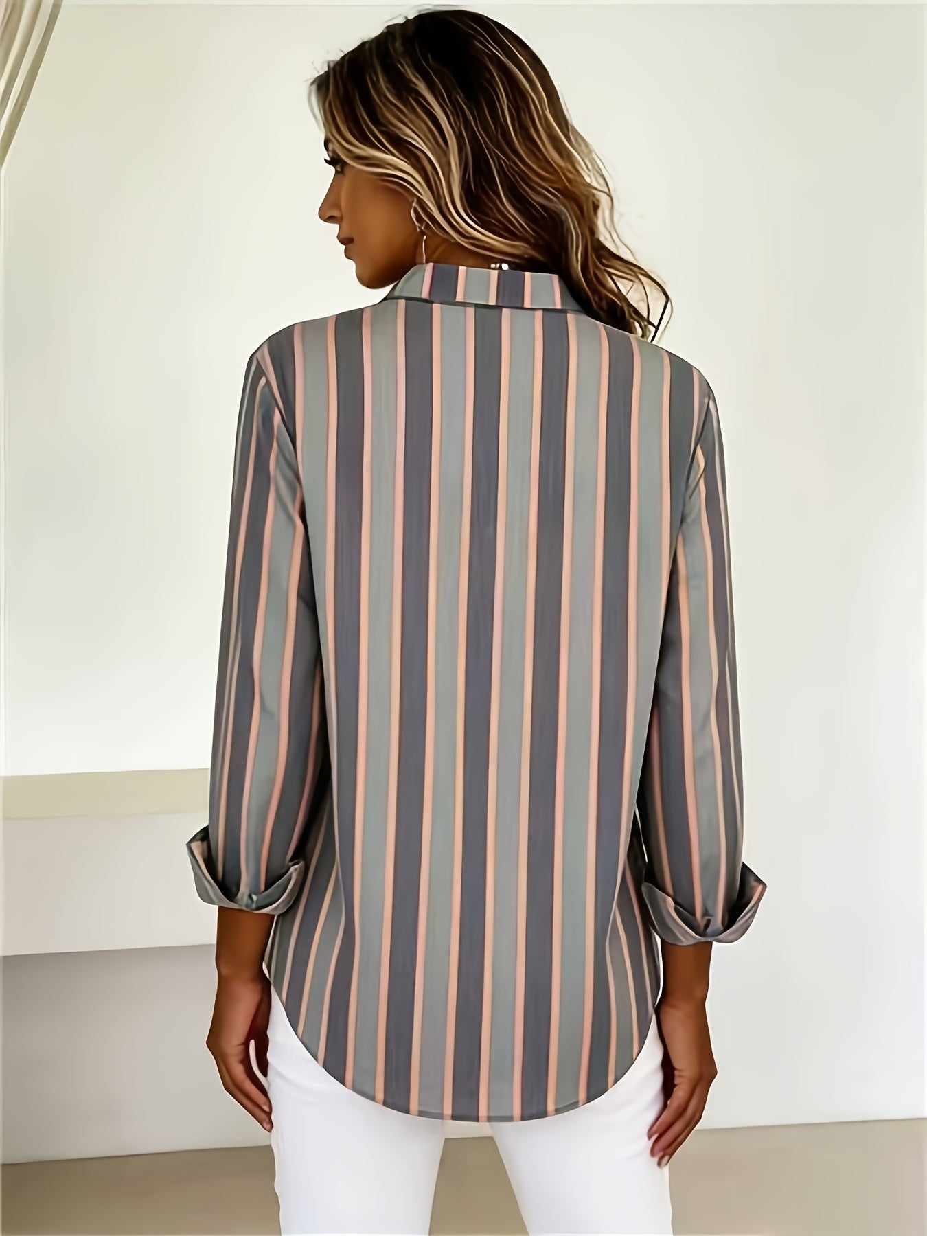 Qirexa - Chemise Femme Rayures Verticales Coupe Ample Boutonnée Style Décontracté