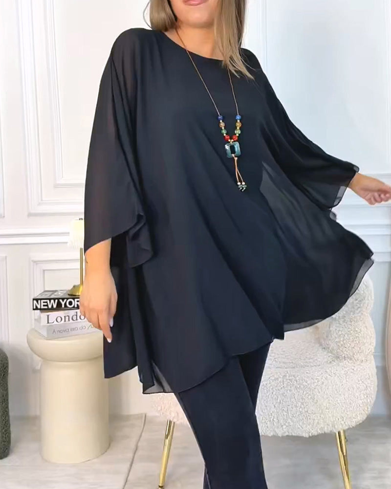 Ingeborg - Haut Ample Uni à Col Rond et Manches 3/4 pour Femme