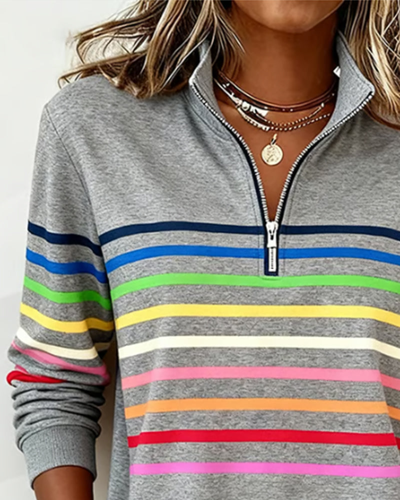 Isavelline - Sweat Zippé Décontracté à Rayures Colorées