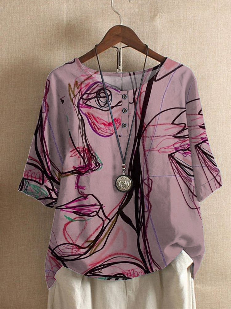Averitha - T-shirt femme artistique imprimé à manches 3/4 et col rond
