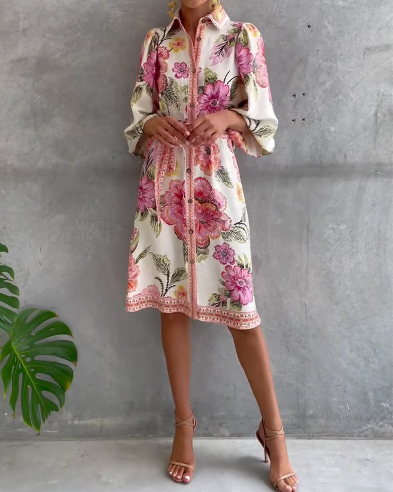 Glyssara - Robe florale élégante femme à manches lanterne et boutons