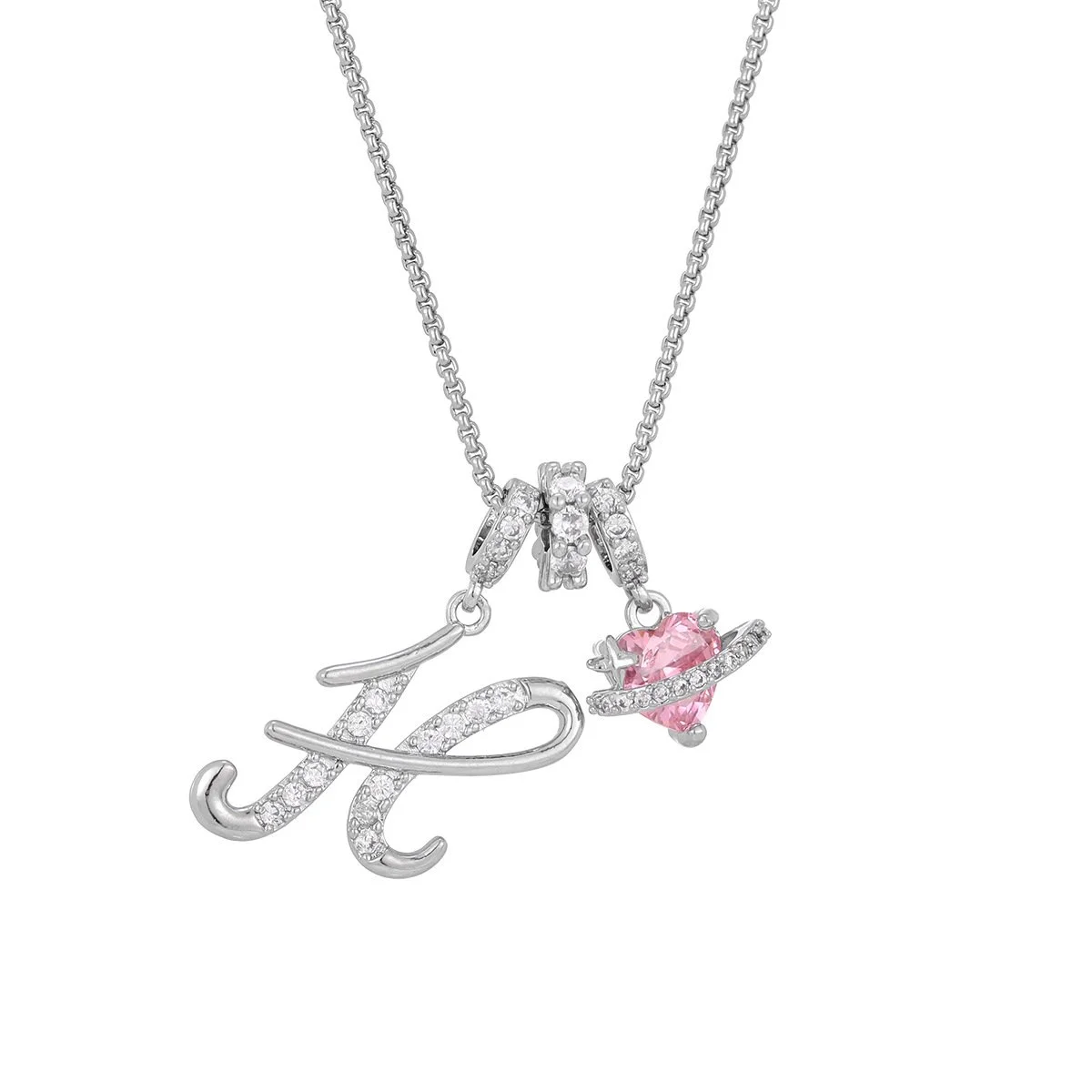Carmelle - Collier Initiale Avec Cœur Rose Brillant