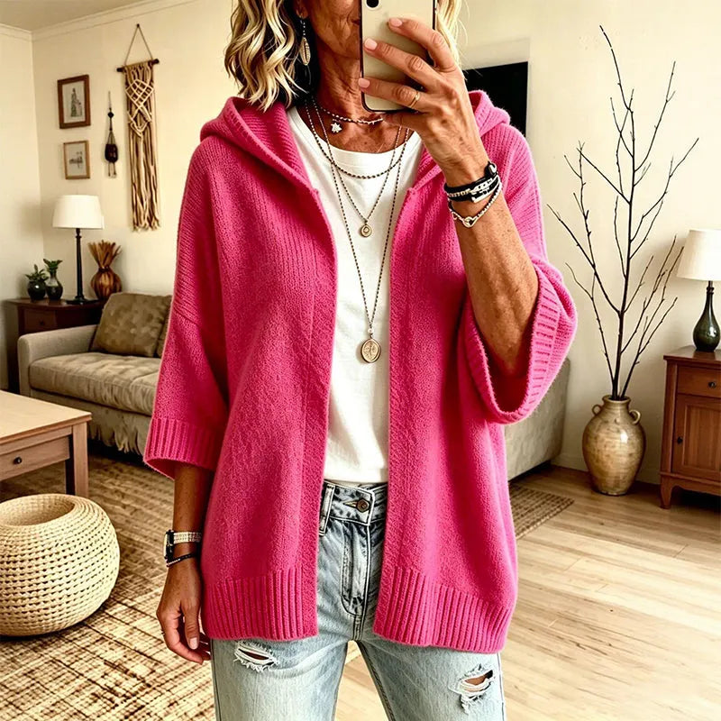 Mabel - Cardigan en tricot femme ample à capuche manches 3/4