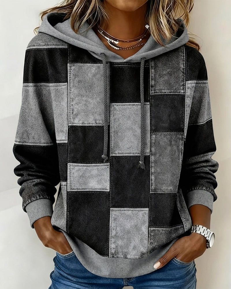 Gwenarissa - Sweat à Capuche Patchwork Denim Moderne