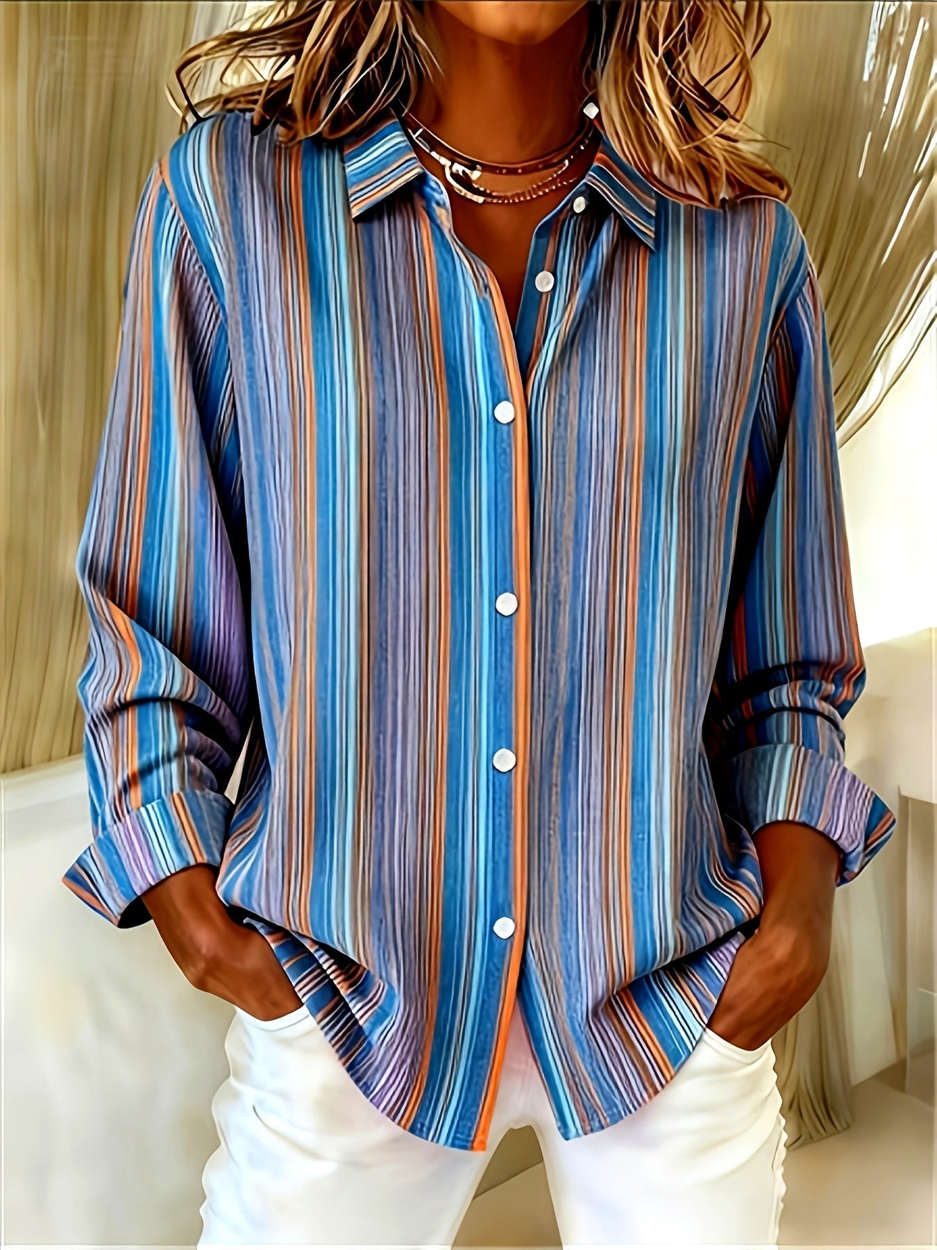 Qirexa - Chemise Femme Rayures Verticales Coupe Ample Boutonnée Style Décontracté