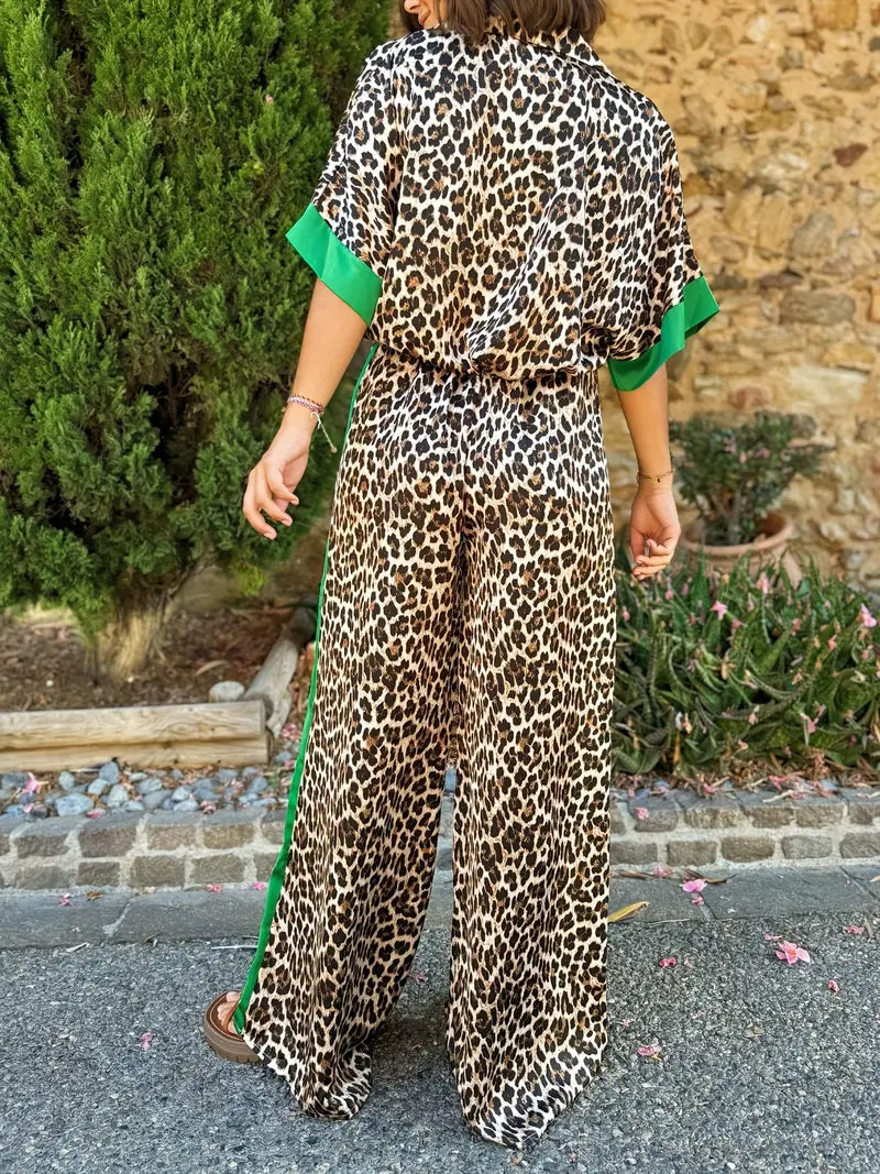 Cyra - Ensemble Imprimé Léopard avec Pantalon à Jambes Larges