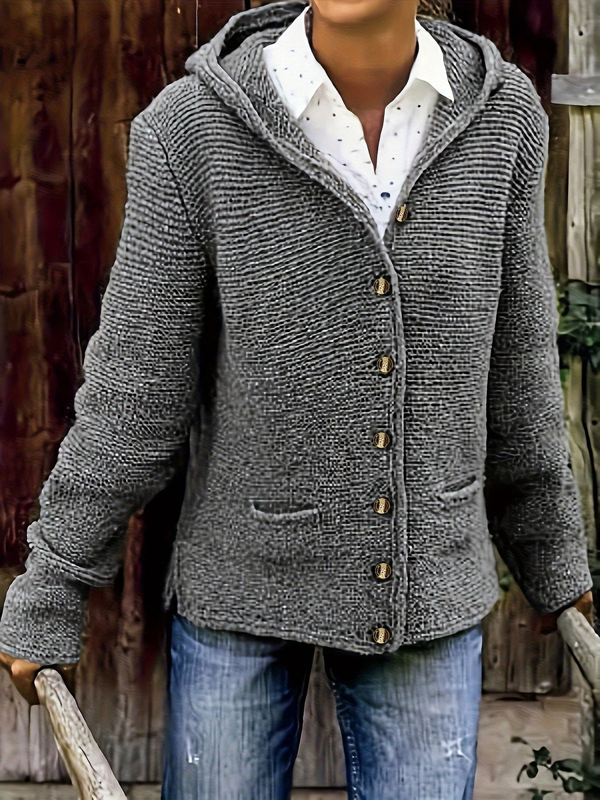 Maëline - Women's chunky knit hooded cardigan with buttons