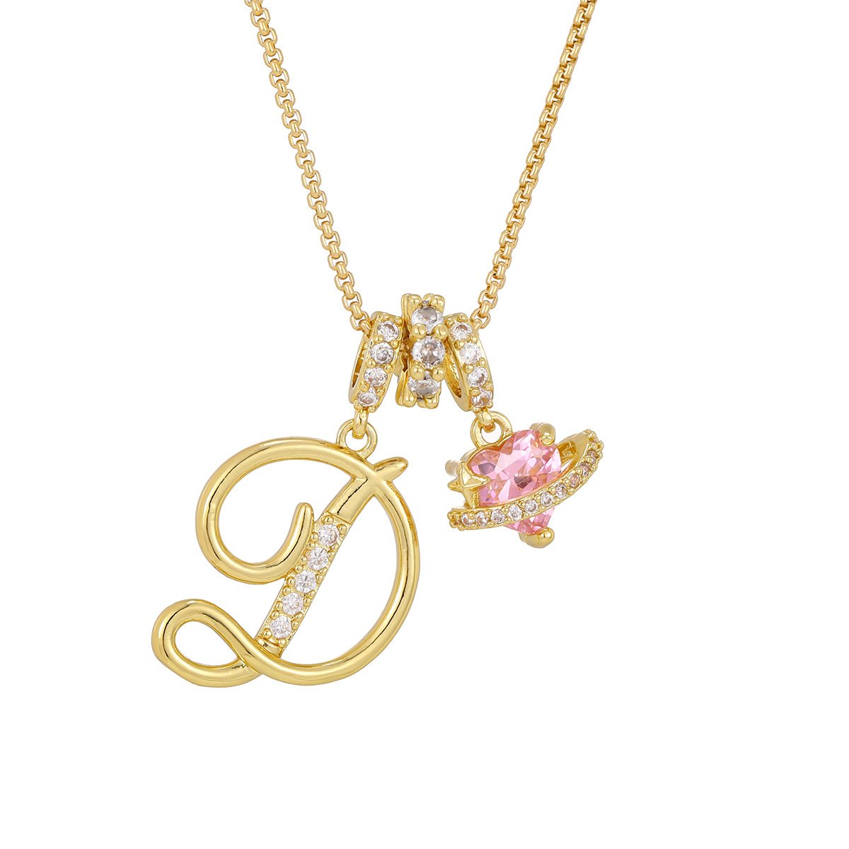 Carmelle - Collier Initiale Avec Cœur Rose Brillant