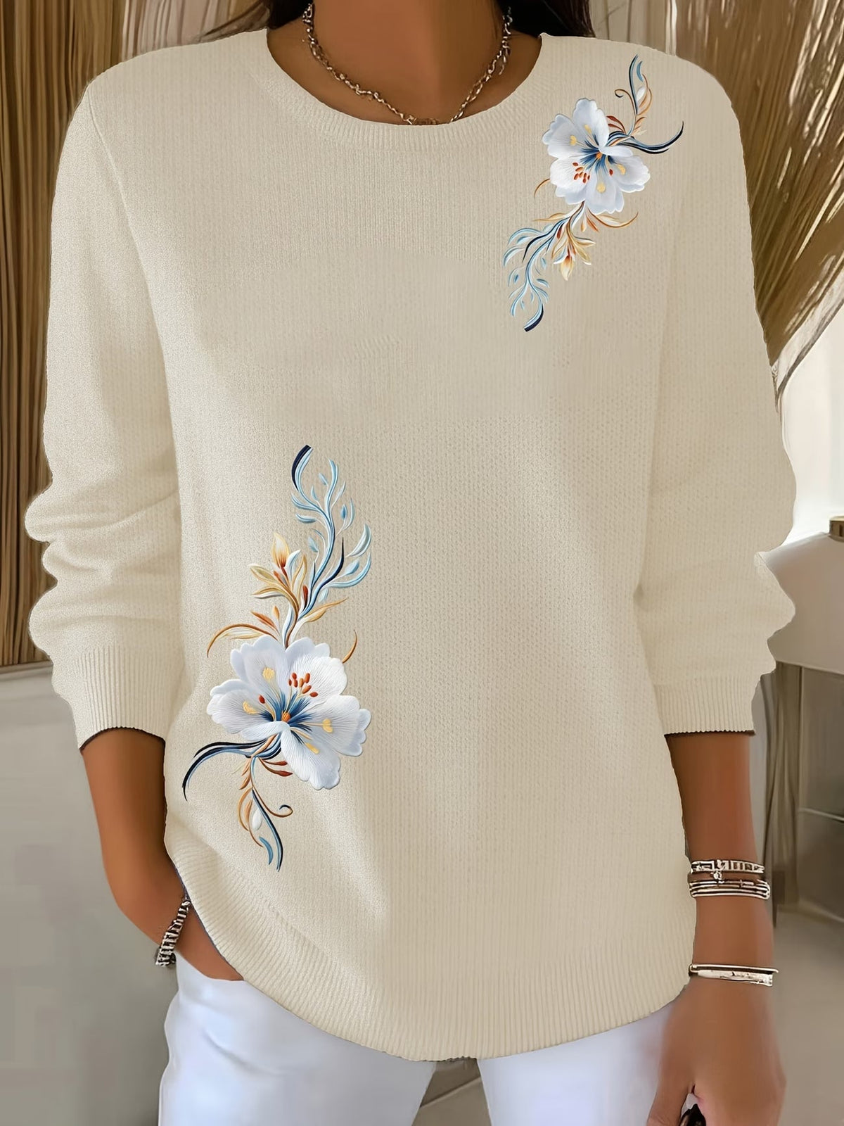 Yenthe - Pull femme à fleurs imprimées et col rond