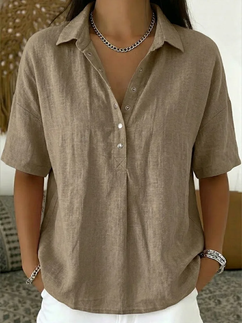 Karina - Blouse Femme Col Classique Décolleté V Boutons Manches Courtes Confort