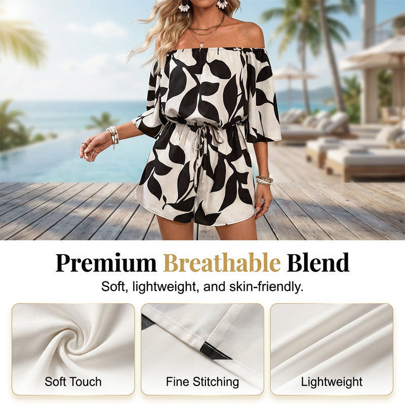 Ivoriah - Combinaison short femme épaules dénudées à imprimé feuilles